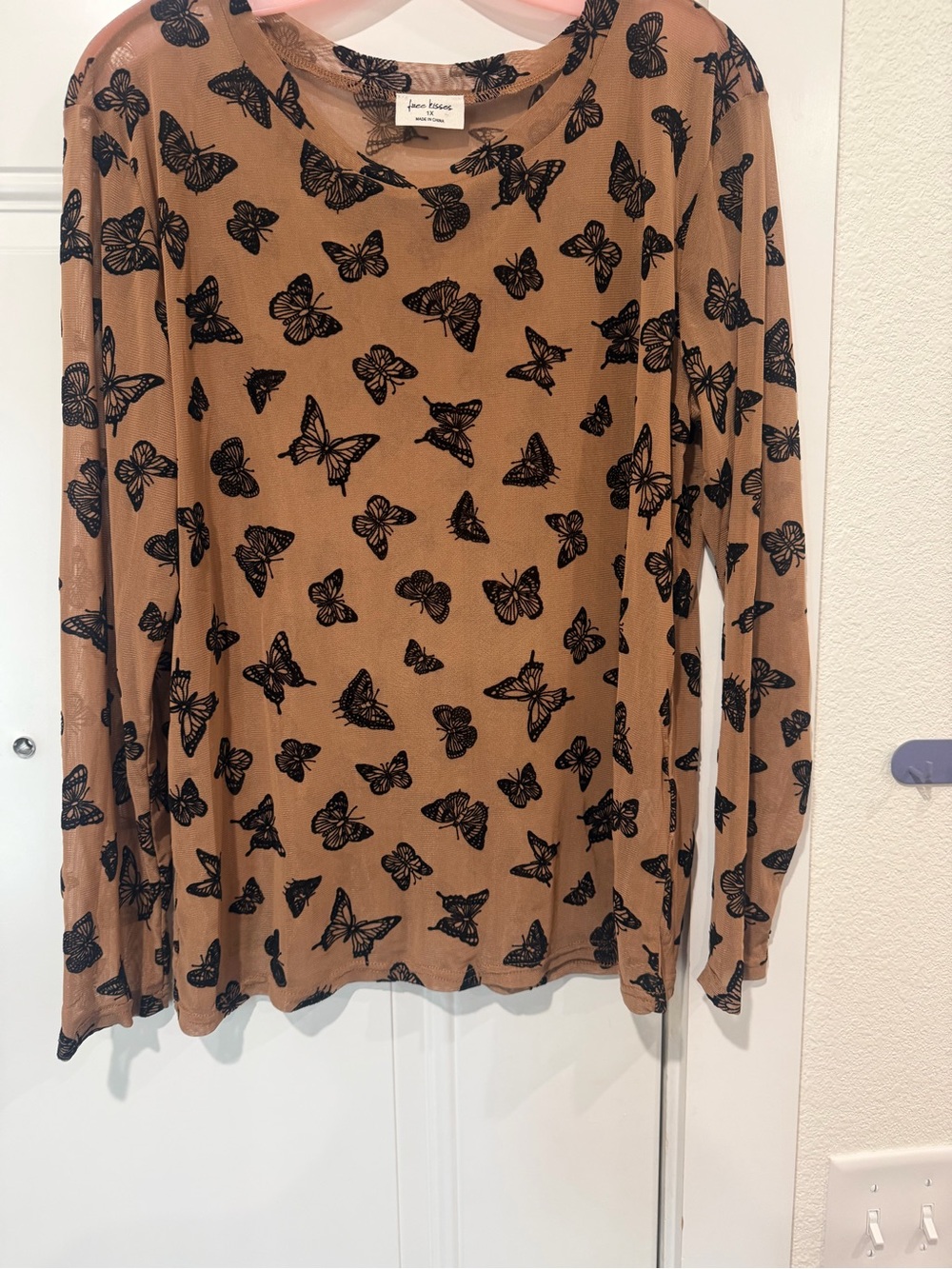 Sheer Butterfly Mesh Top in Brown with Black Print
